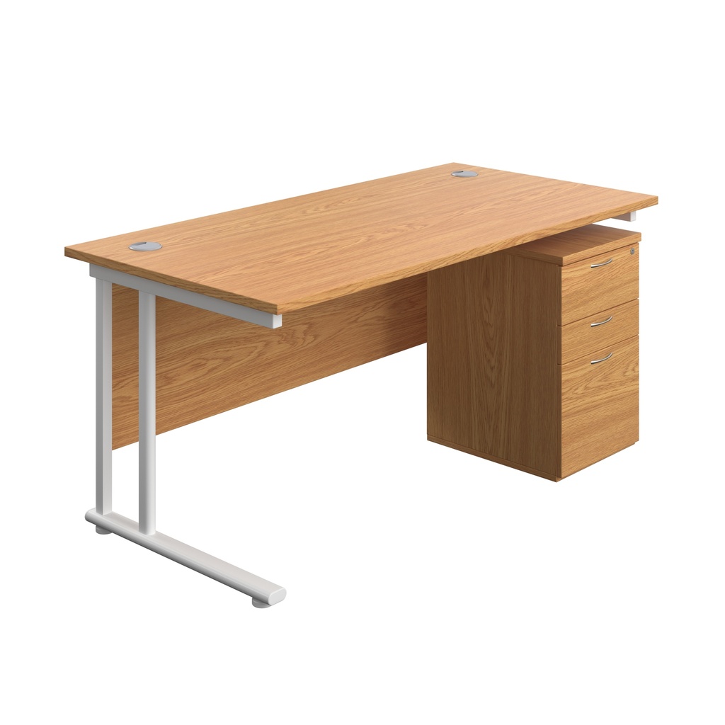Twin Upright Rectangular Desk + High Mobile Pedestal 3 Drawer (FSC) | 1600X800 | Nova Oak/White | 
