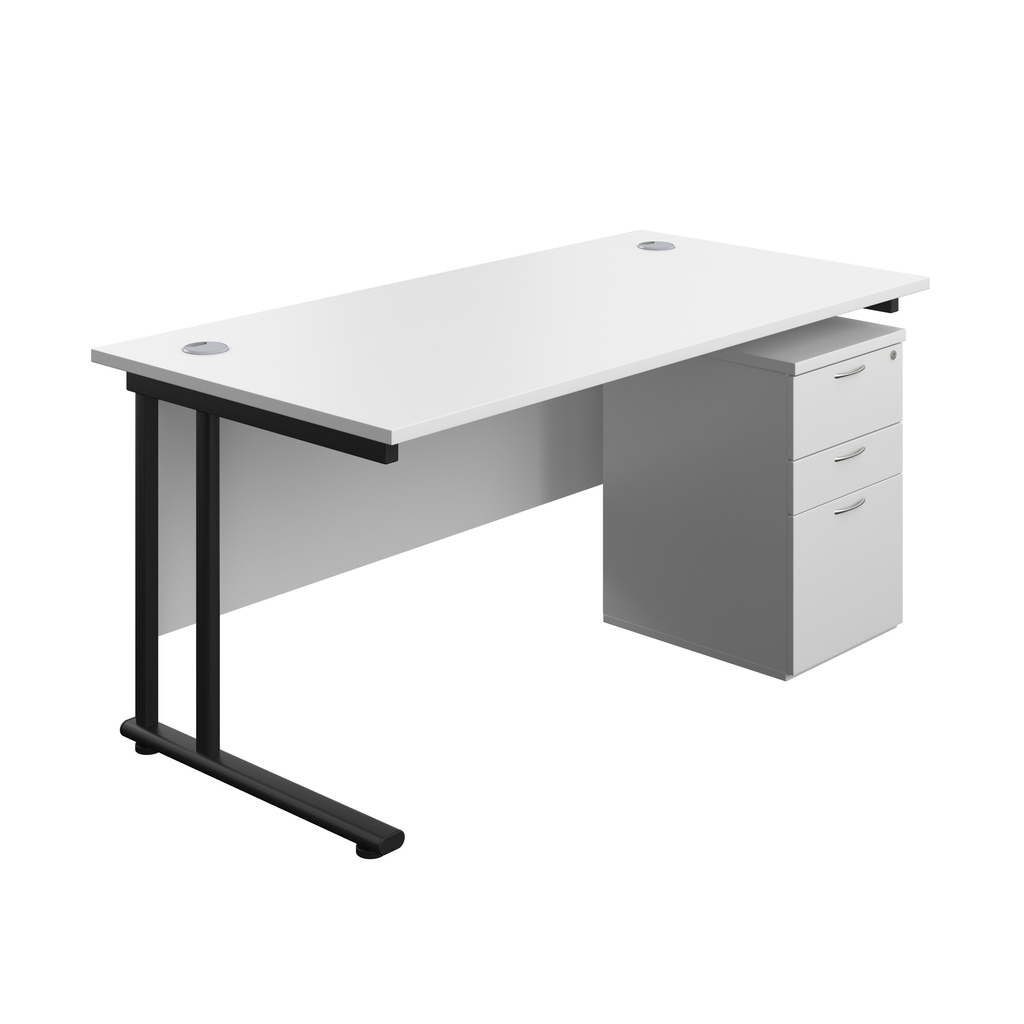 Twin Upright Rectangular Desk + High Mobile Pedestal 3 Drawer (FSC) | 1600X800 | White/Black | 