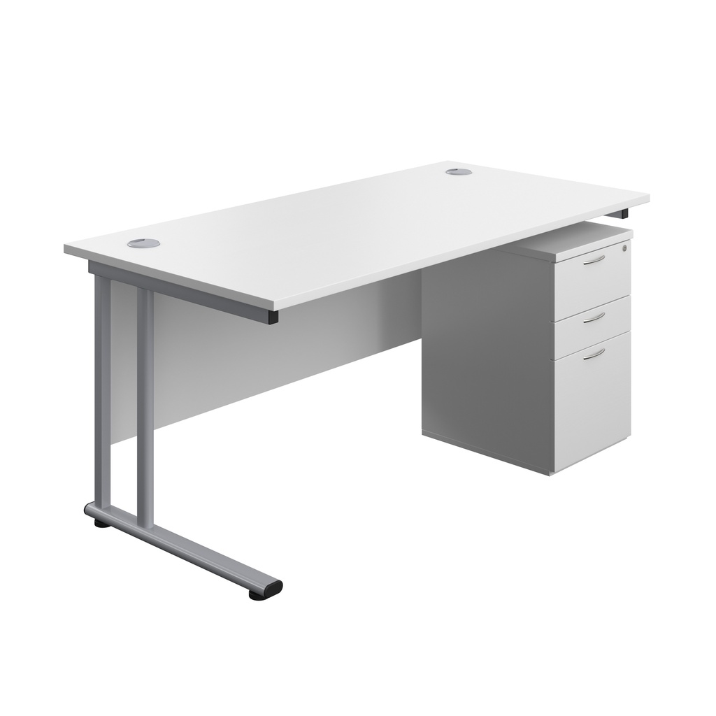 Twin Upright Rectangular Desk + High Mobile Pedestal 3 Drawer (FSC) | 1600X800 | White/Silver | 