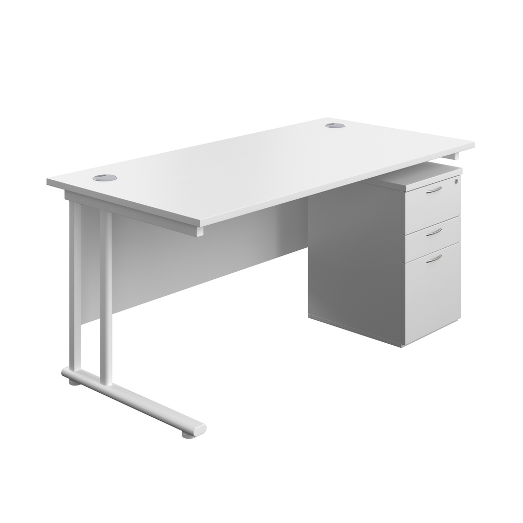 Twin Upright Rectangular Desk + High Mobile Pedestal 3 Drawer (FSC) | 1600X800 | White/White | 