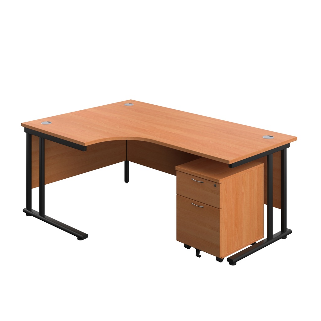 Twin Upright Left Hand Radial Desk + Mobile 2 Drawer Pedestal (FSC) | 1800X1200 | Beech/Black | 
