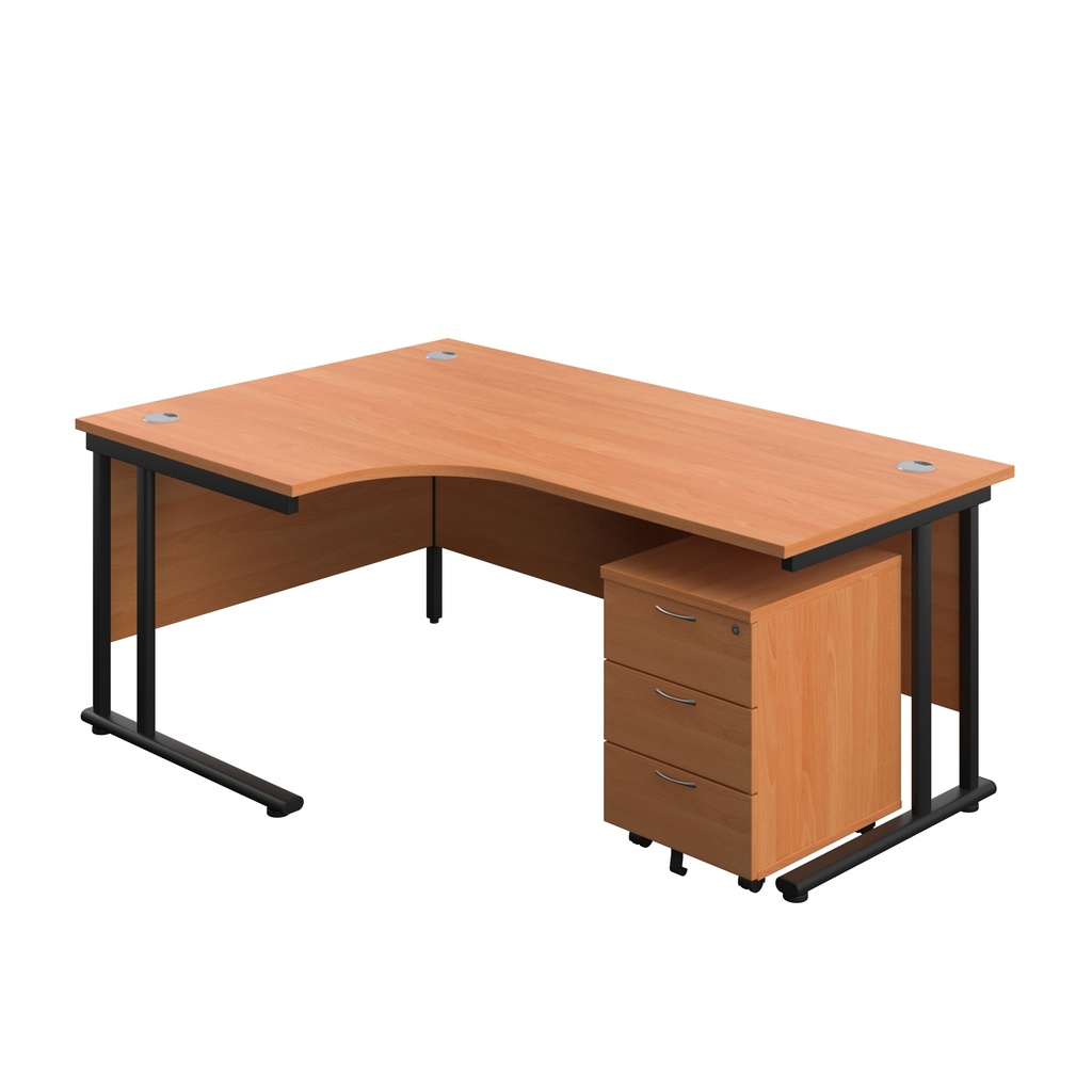 Twin Upright Left Hand Radial Desk + Mobile 3 Drawer Pedestal (FSC) | 1800X1200 | Beech/Black | 