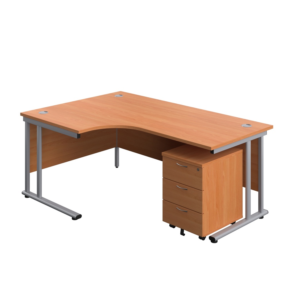Twin Upright Left Hand Radial Desk + Mobile 3 Drawer Pedestal (FSC) | 1800X1200 | Beech/Silver | 