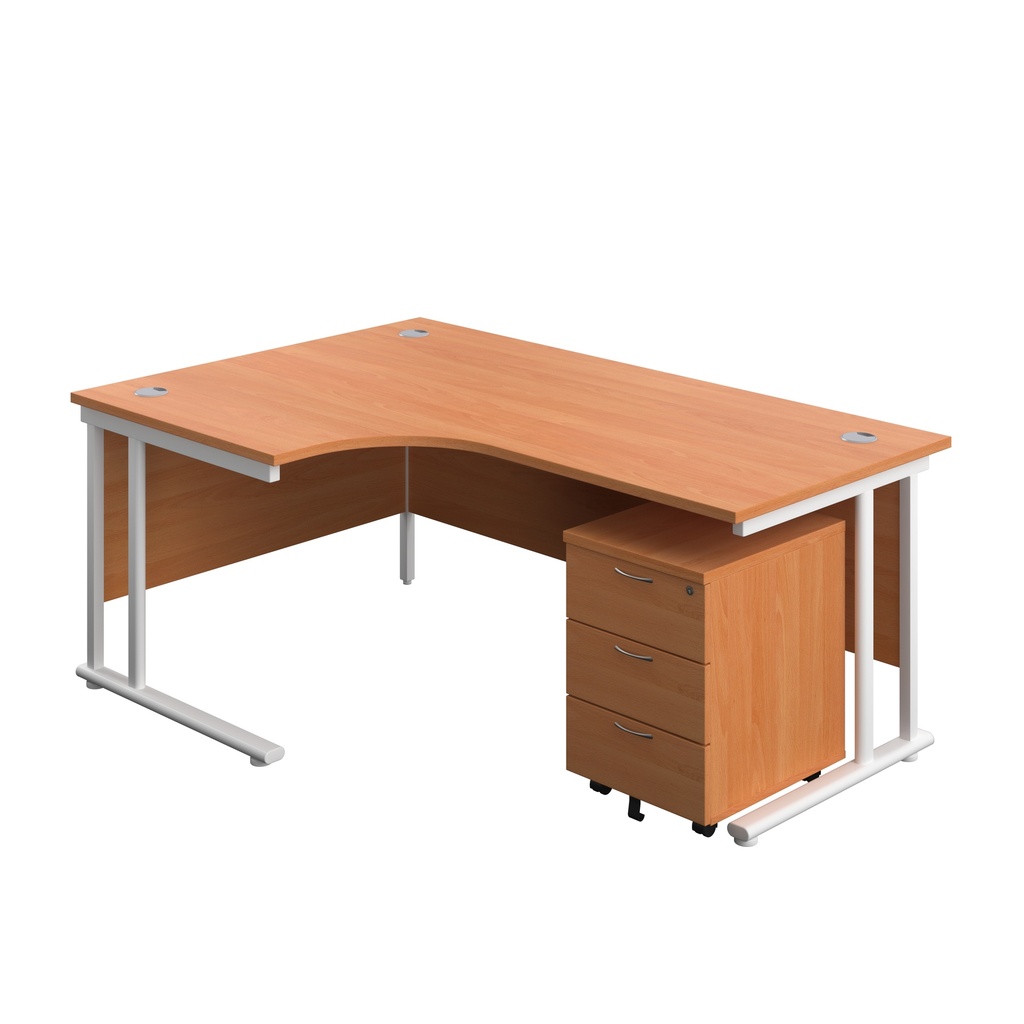 Twin Upright Left Hand Radial Desk + Mobile 3 Drawer Pedestal (FSC) | 1800X1200 | Beech/White | 