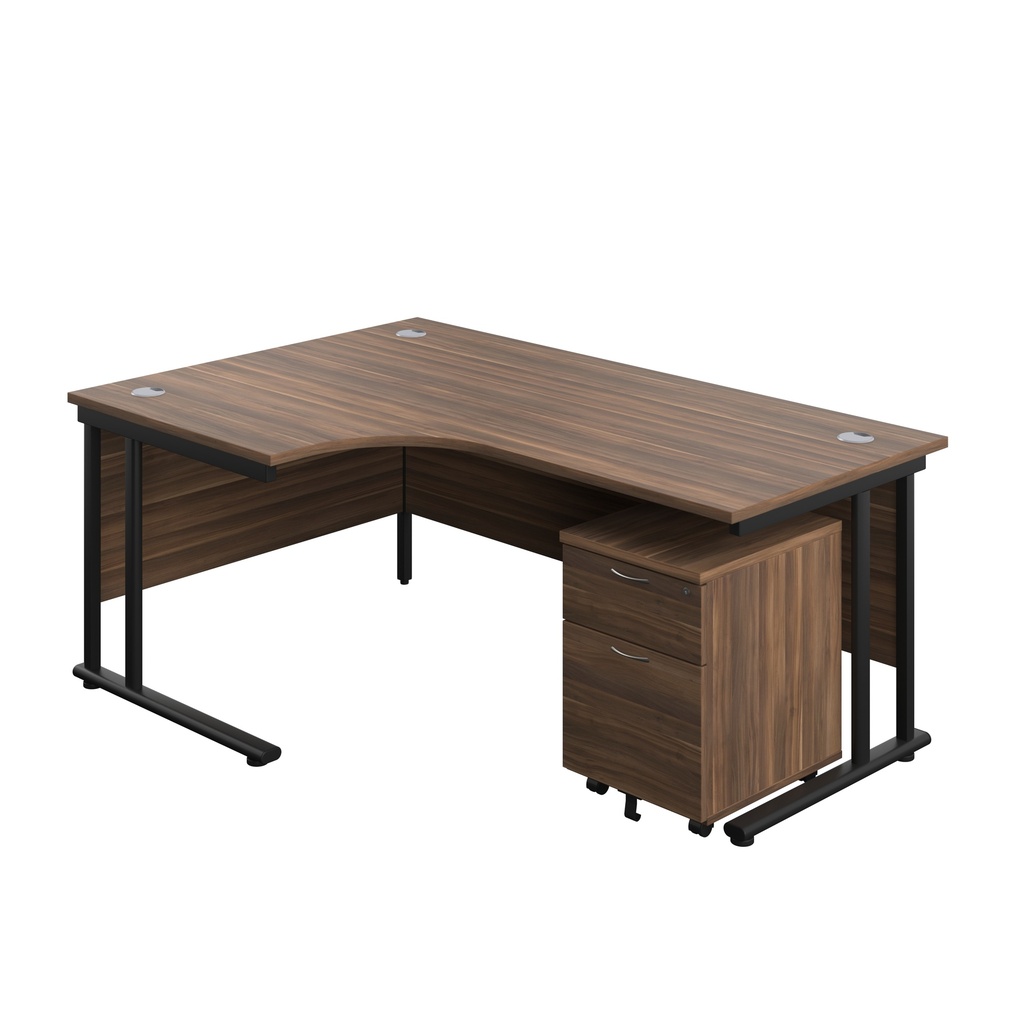 Twin Upright Left Hand Radial Desk + Mobile 2 Drawer Pedestal (FSC) | 1800X1200 | Dark Walnut/Black | 