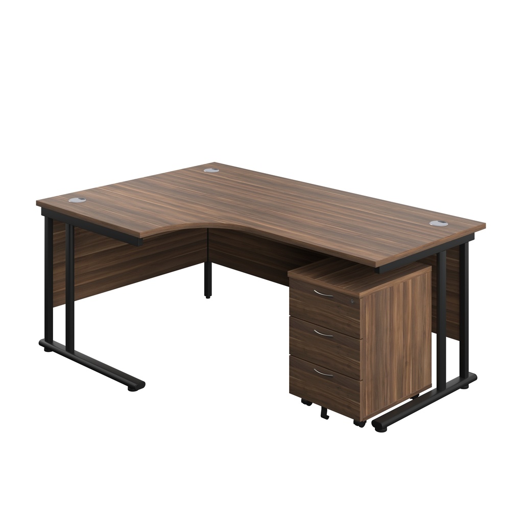 Twin Upright Left Hand Radial Desk + Mobile 3 Drawer Pedestal (FSC) | 1800X1200 | Dark Walnut/Black | 