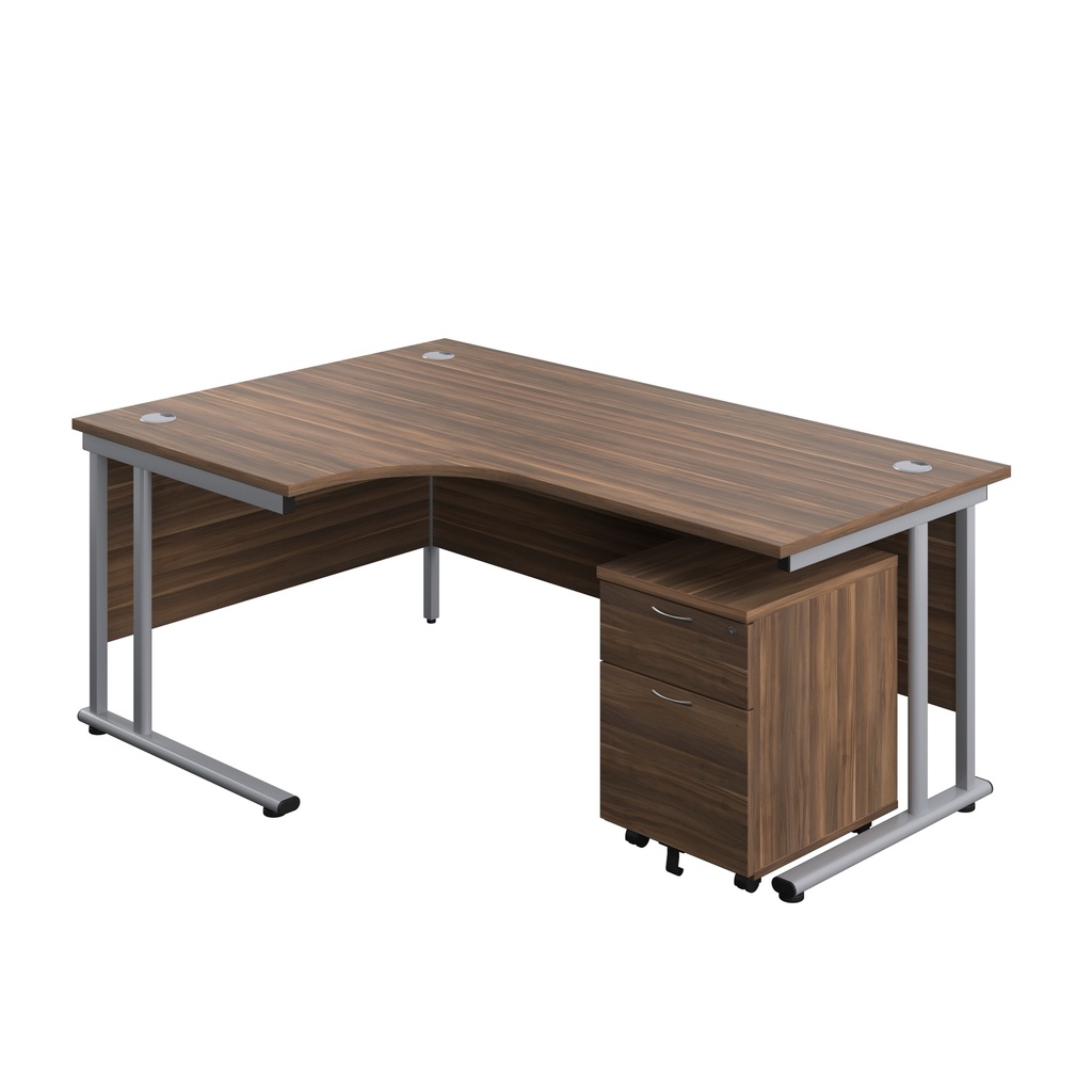 Twin Upright Left Hand Radial Desk + Mobile 2 Drawer Pedestal (FSC) | 1800X1200 | Dark Walnut/Silver | 
