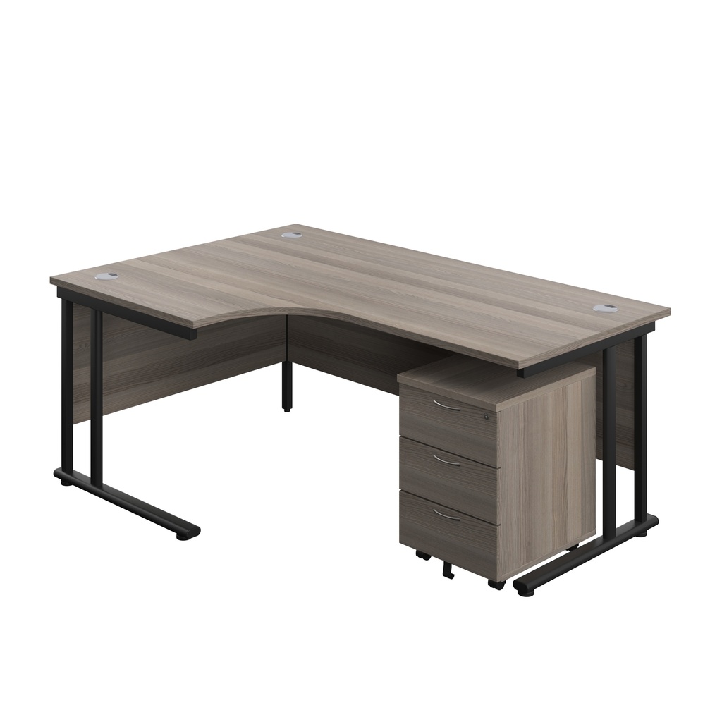 Twin Upright Left Hand Radial Desk + Mobile 3 Drawer Pedestal (FSC) | 1800X1200 | Grey Oak/Black | 