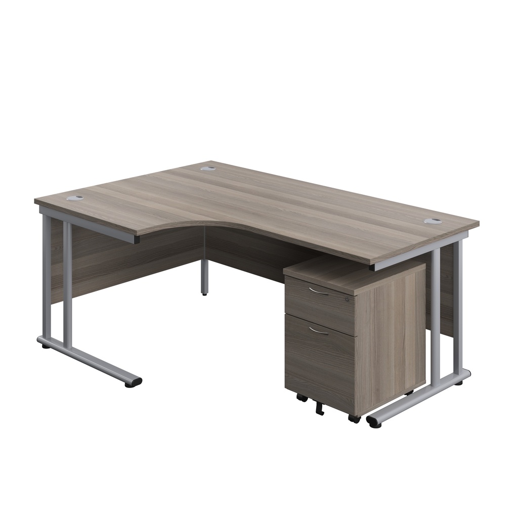 Twin Upright Left Hand Radial Desk + Mobile 2 Drawer Pedestal (FSC) | 1800X1200 | Grey Oak/Silver | 