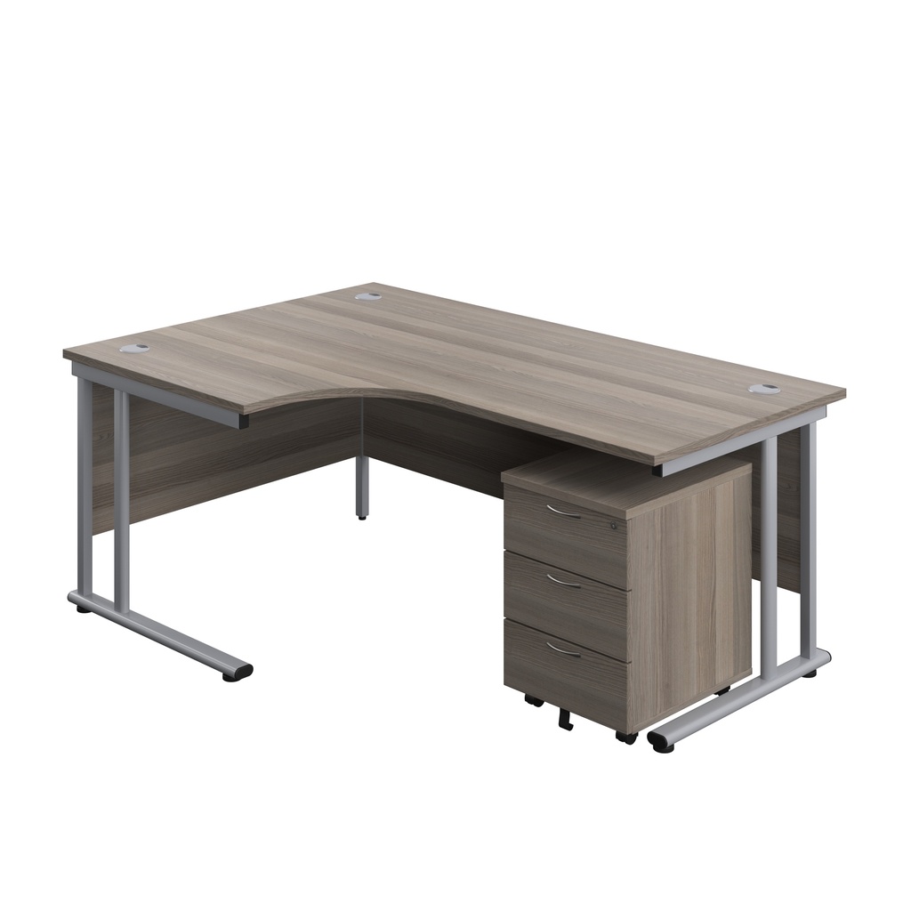 Twin Upright Left Hand Radial Desk + Mobile 3 Drawer Pedestal (FSC) | 1800X1200 | Grey Oak/Silver | 