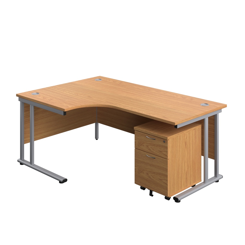 Twin Upright Left Hand Radial Desk + Mobile 2 Drawer Pedestal (FSC) | 1800X1200 | Nova Oak/Silver | 