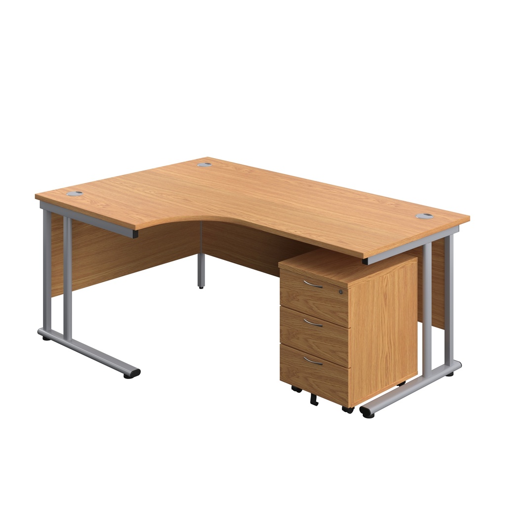 Twin Upright Left Hand Radial Desk + Mobile 3 Drawer Pedestal (FSC) | 1800X1200 | Nova Oak/Silver | 