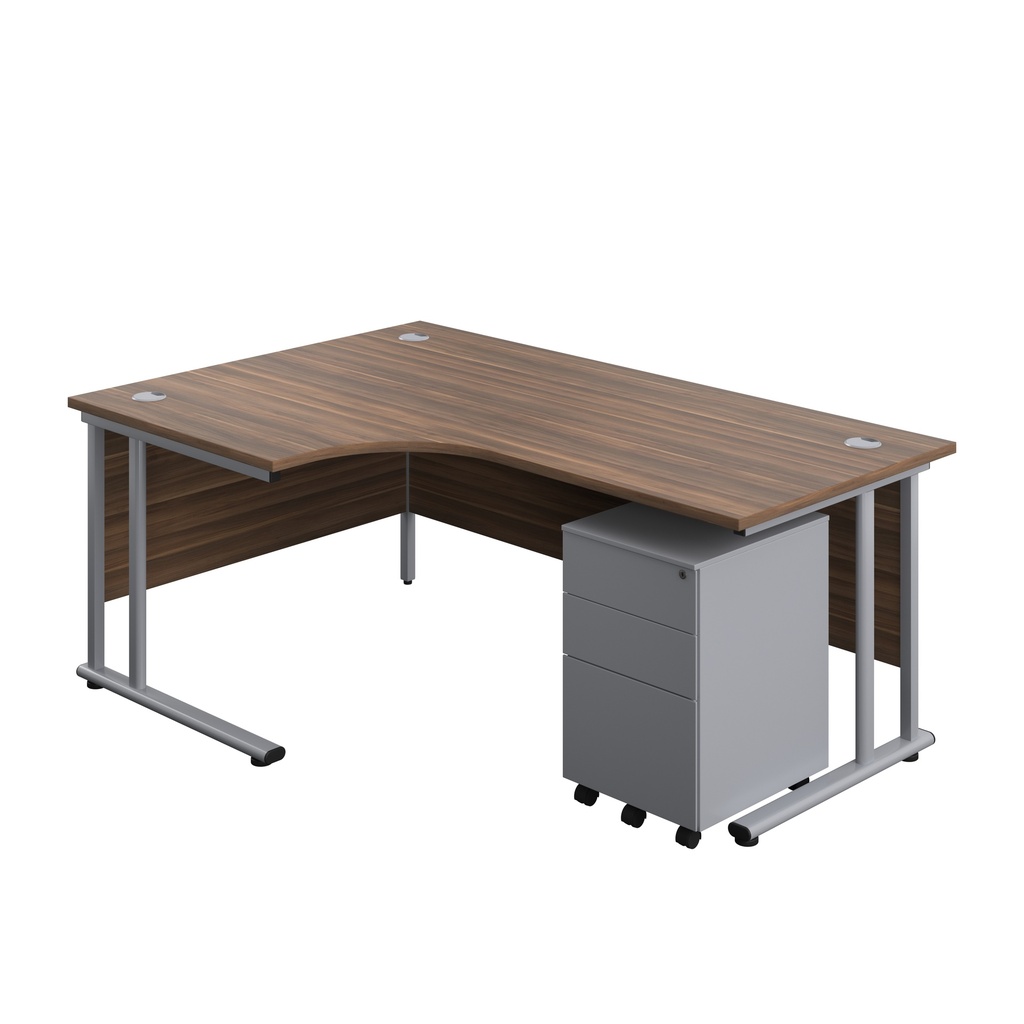Twin Upright Left Hand Radial Desk + Under Desk Steel Pedestal 3 Drawers (FSC) | 1800X1200 | Dark Walnut/Silver | 