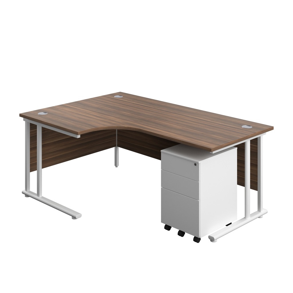 Twin Upright Left Hand Radial Desk + Under Desk Steel Pedestal 3 Drawers (FSC) | 1800X1200 | Dark Walnut/White | 