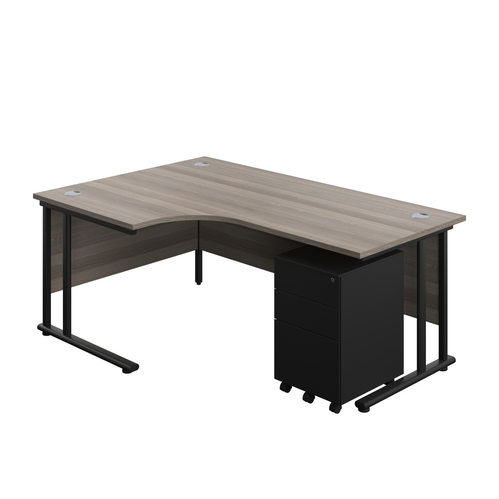 Twin Upright Left Hand Radial Desk + Under Desk Steel Pedestal 3 Drawers (FSC) | 1800X1200 | Grey Oak/Black | 