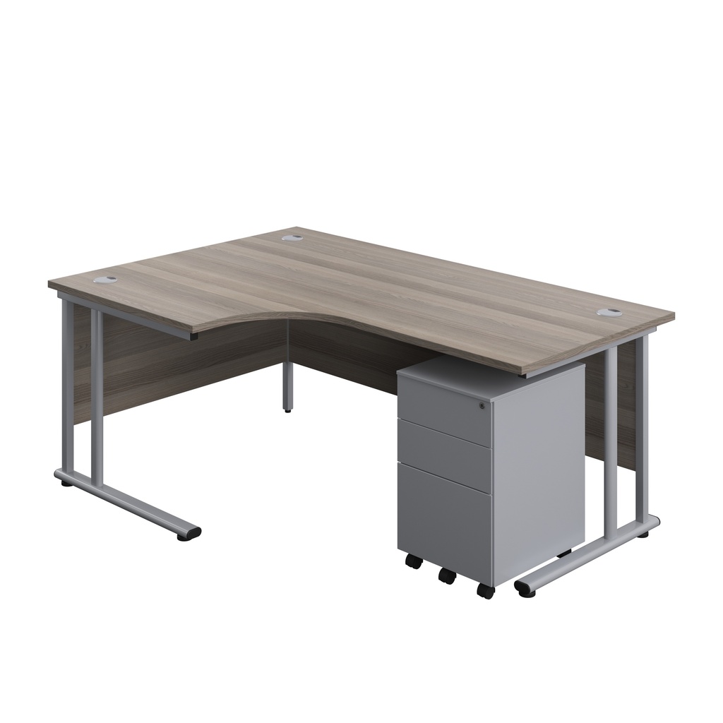 Twin Upright Left Hand Radial Desk + Under Desk Steel Pedestal 3 Drawers (FSC) | 1800X1200 | Grey Oak/Silver | 
