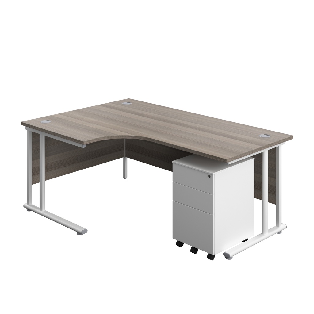 Twin Upright Left Hand Radial Desk + Under Desk Steel Pedestal 3 Drawers (FSC) | 1800X1200 | Grey Oak/White | 