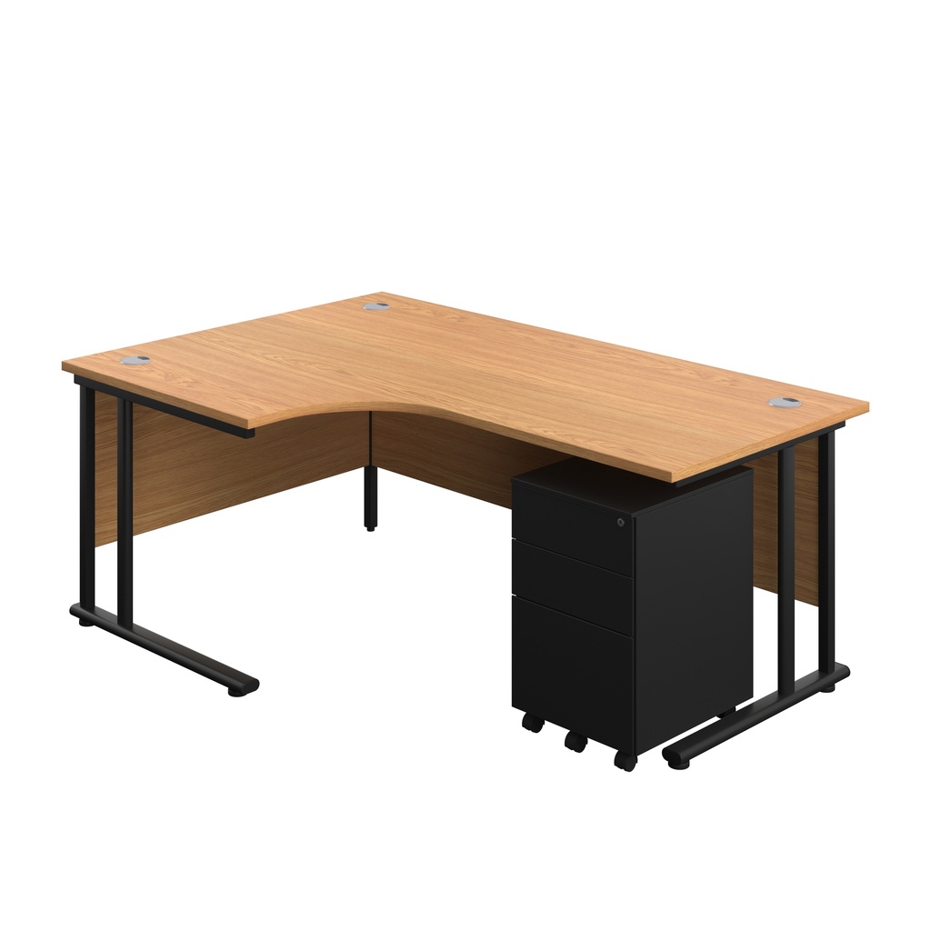 Twin Upright Left Hand Radial Desk + Under Desk Steel Pedestal 3 Drawers (FSC) | 1800X1200 | Nova Oak/Black | 
