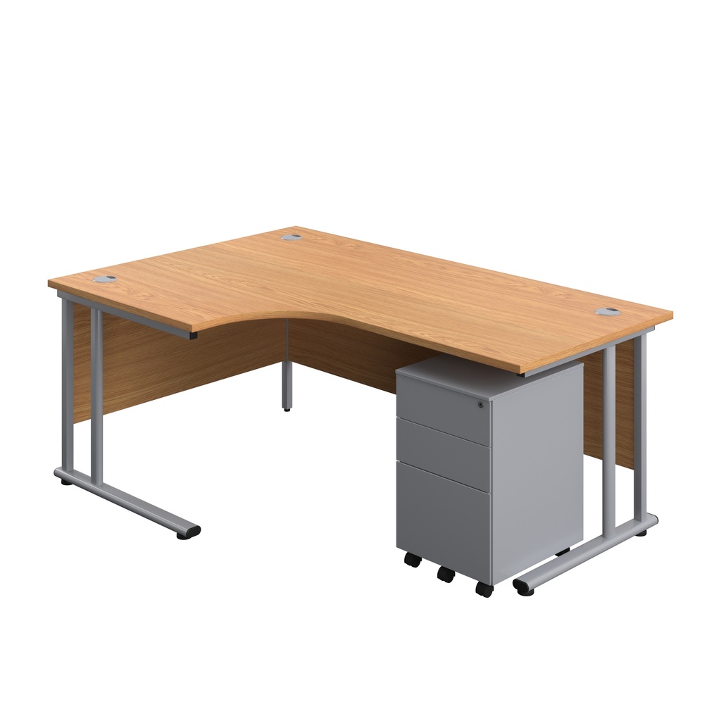 Twin Upright Left Hand Radial Desk + Under Desk Steel Pedestal 3 Drawers (FSC) | 1800X1200 | Nova Oak/Silver | 
