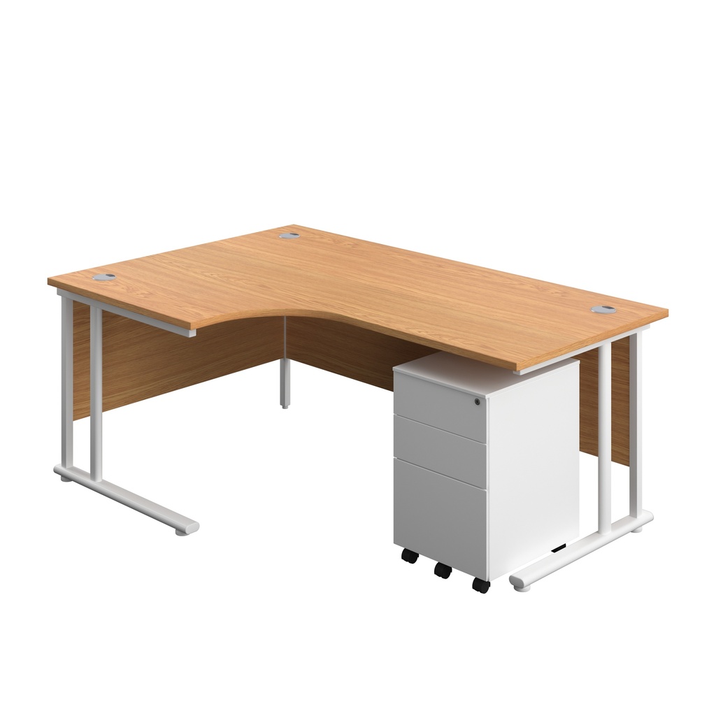 Twin Upright Left Hand Radial Desk + Under Desk Steel Pedestal 3 Drawers (FSC) | 1800X1200 | Nova Oak/White | 