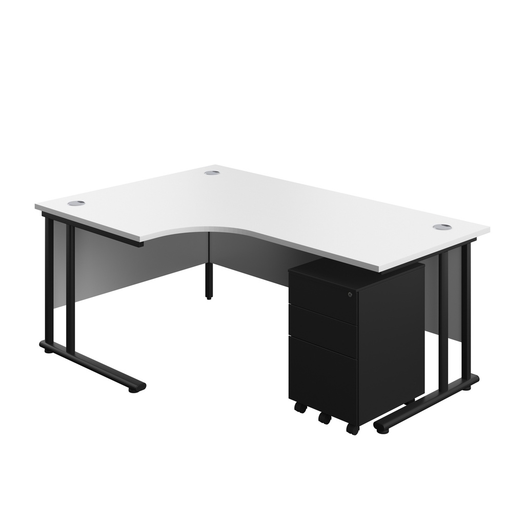 Twin Upright Left Hand Radial Desk + Under Desk Steel Pedestal 3 Drawers (FSC) | 1800X1200 | White/Black | 