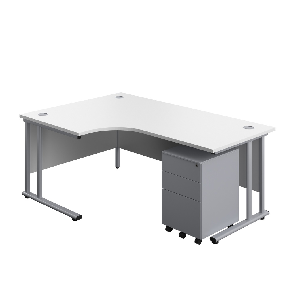 Twin Upright Left Hand Radial Desk + Under Desk Steel Pedestal 3 Drawers (FSC) | 1800X1200 | White/Silver | 