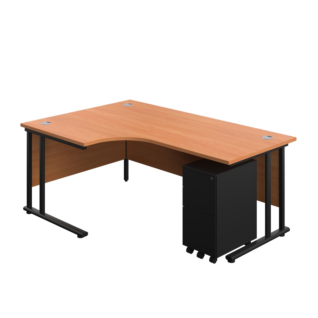 Twin Upright Left Hand Radial Desk + Slimline Steel Pedestal 3 Drawers (FSC) | 1800X1200 | Beech/Black | 