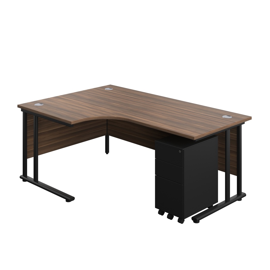 Twin Upright Left Hand Radial Desk + Slimline Steel Pedestal 3 Drawers (FSC) | 1800X1200 | Dark Walnut/Black | 
