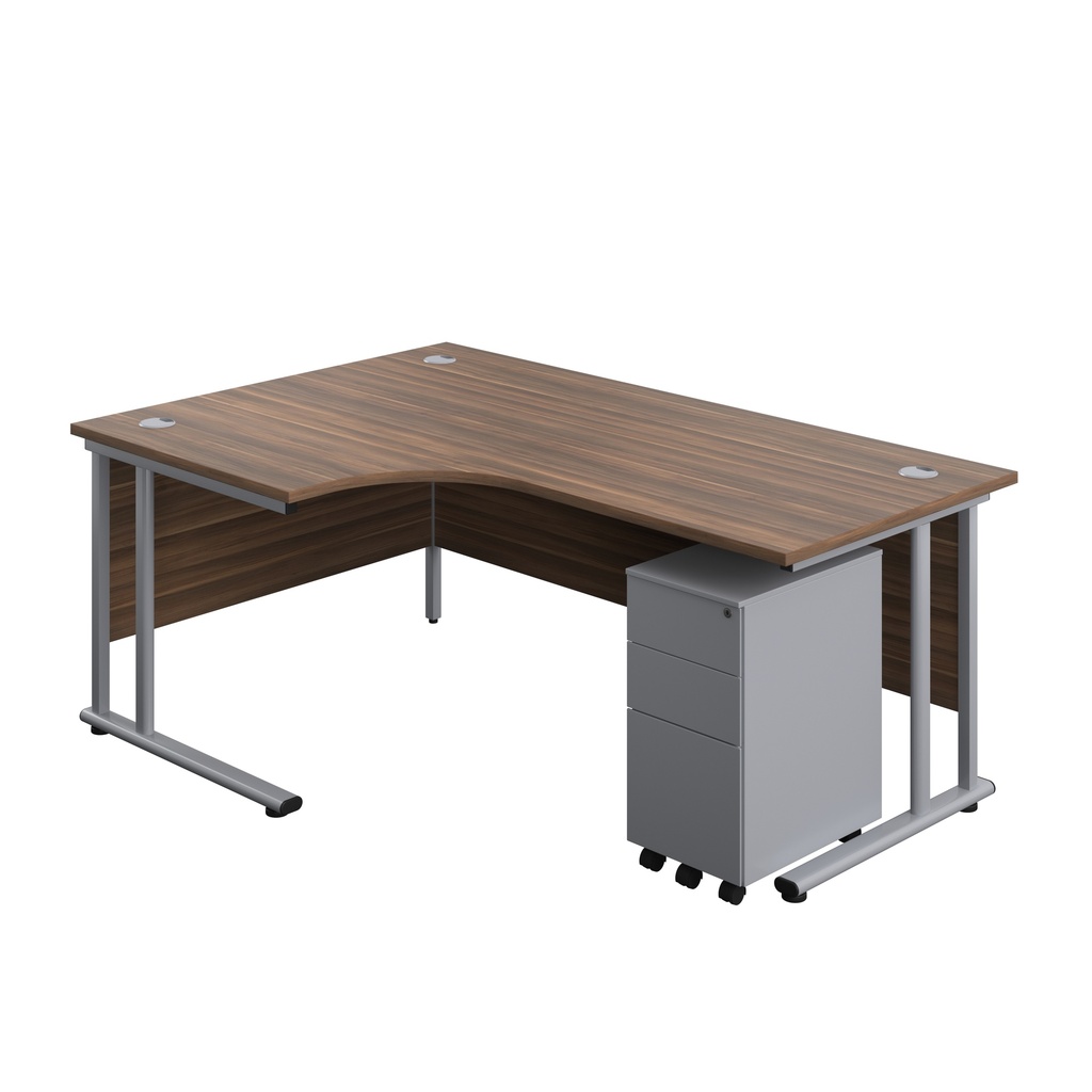 Twin Upright Left Hand Radial Desk + Slimline Steel Pedestal 3 Drawers (FSC) | 1800X1200 | Dark Walnut/Silver | 