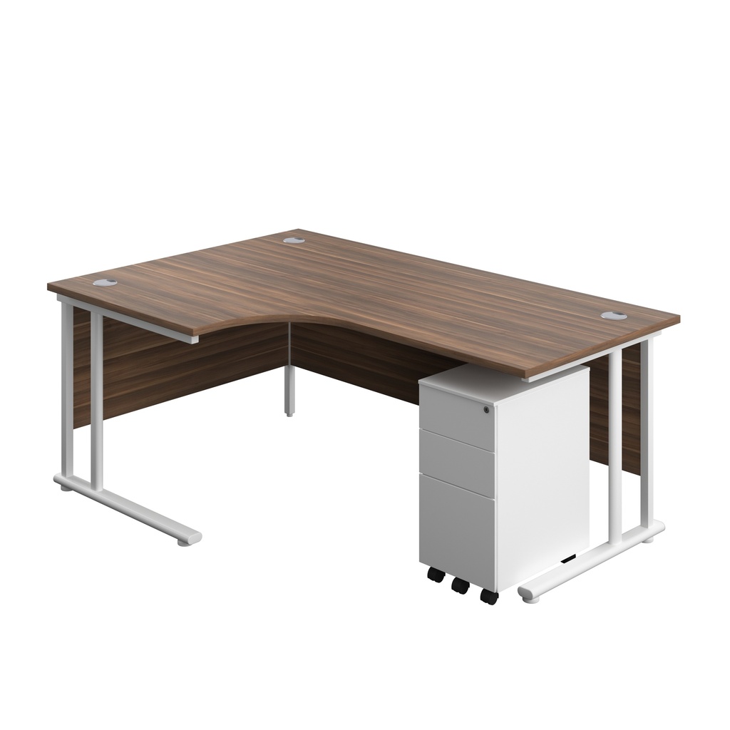 Twin Upright Left Hand Radial Desk + Slimline Steel Pedestal 3 Drawers (FSC) | 1800X1200 | Dark Walnut/White | 