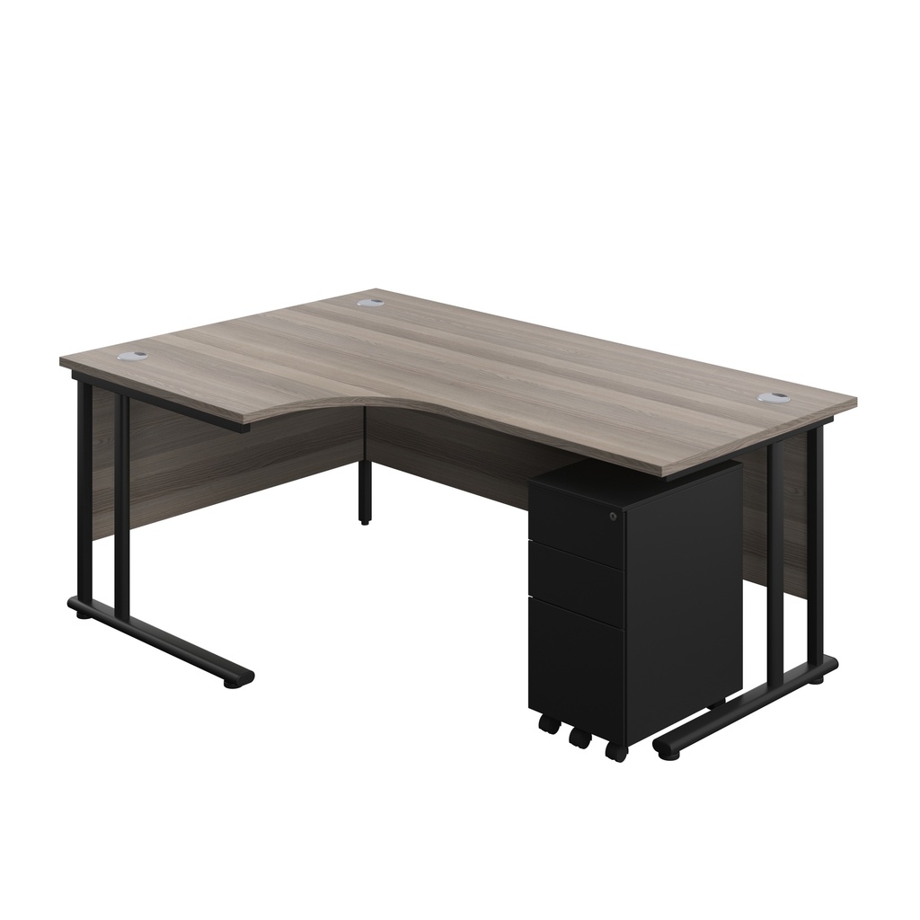 Twin Upright Left Hand Radial Desk + Slimline Steel Pedestal 3 Drawers (FSC) | 1800X1200 | Grey Oak/Black | 