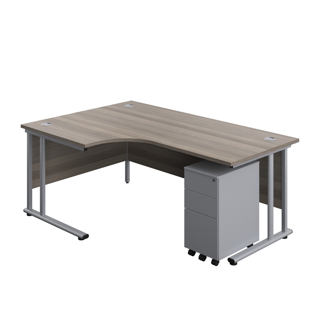 Twin Upright Left Hand Radial Desk + Slimline Steel Pedestal 3 Drawers (FSC) | 1800X1200 | Grey Oak/Silver | 