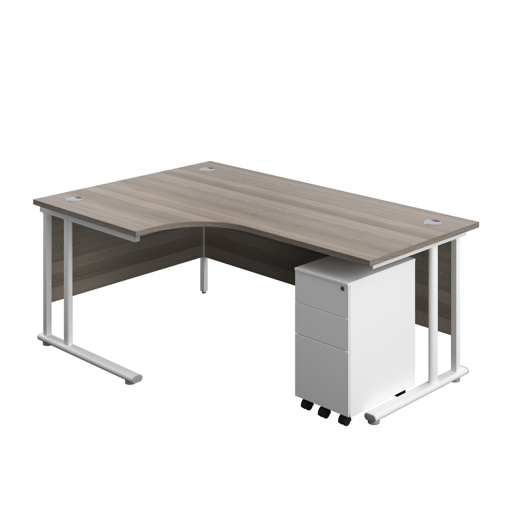 Twin Upright Left Hand Radial Desk + Slimline Steel Pedestal 3 Drawers (FSC) | 1800X1200 | Grey Oak/White | 