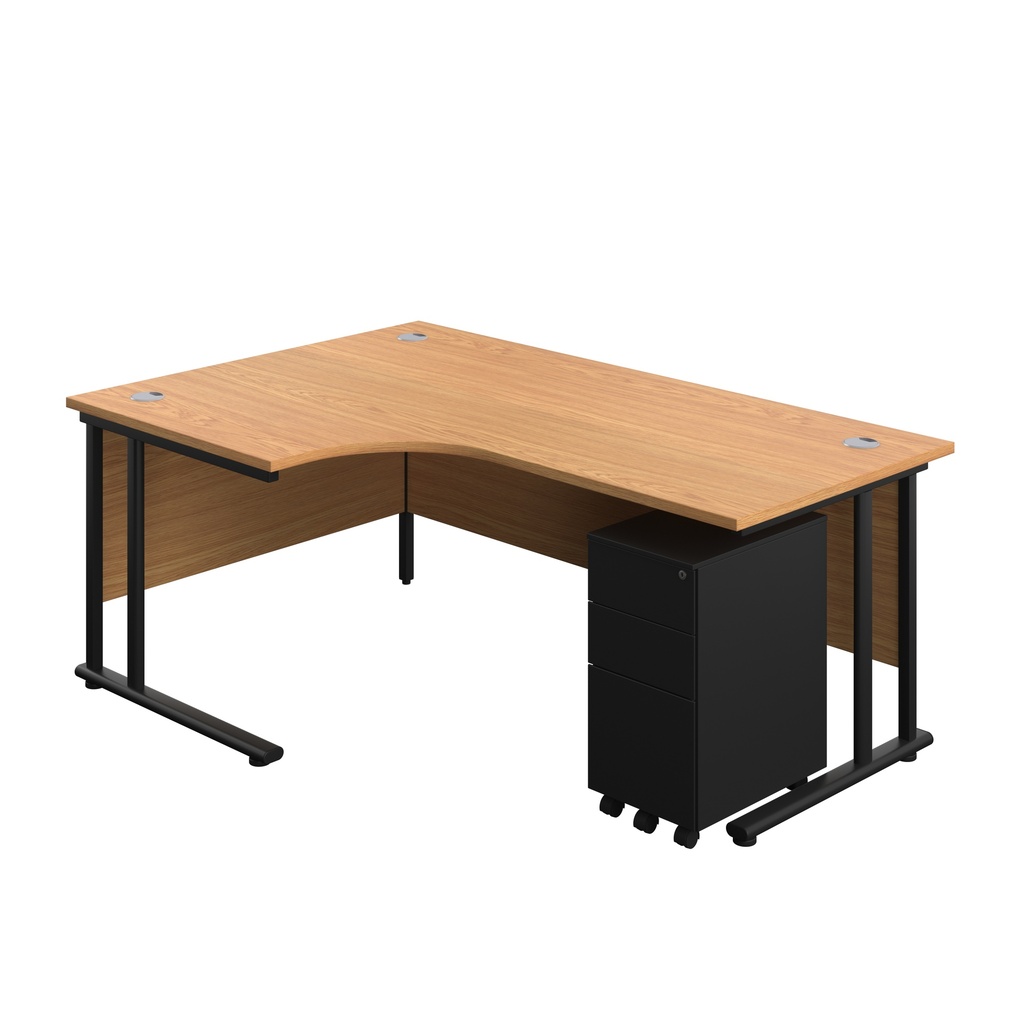 Twin Upright Left Hand Radial Desk + Slimline Steel Pedestal 3 Drawers (FSC) | 1800X1200 | Nova Oak/Black | 
