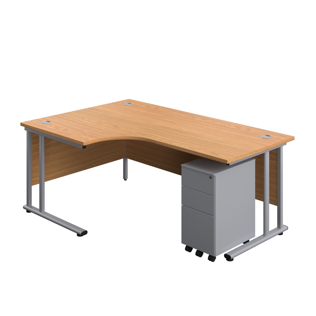 Twin Upright Left Hand Radial Desk + Slimline Steel Pedestal 3 Drawers (FSC) | 1800X1200 | Nova Oak/Silver | 