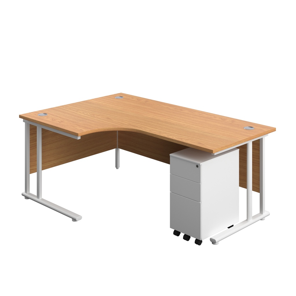 Twin Upright Left Hand Radial Desk + Slimline Steel Pedestal 3 Drawers (FSC) | 1800X1200 | Nova Oak/White | 