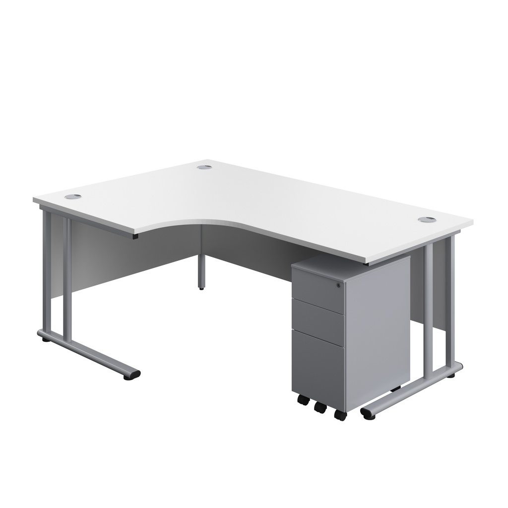 Twin Upright Left Hand Radial Desk + Slimline Steel Pedestal 3 Drawers (FSC) | 1800X1200 | White/Silver | 