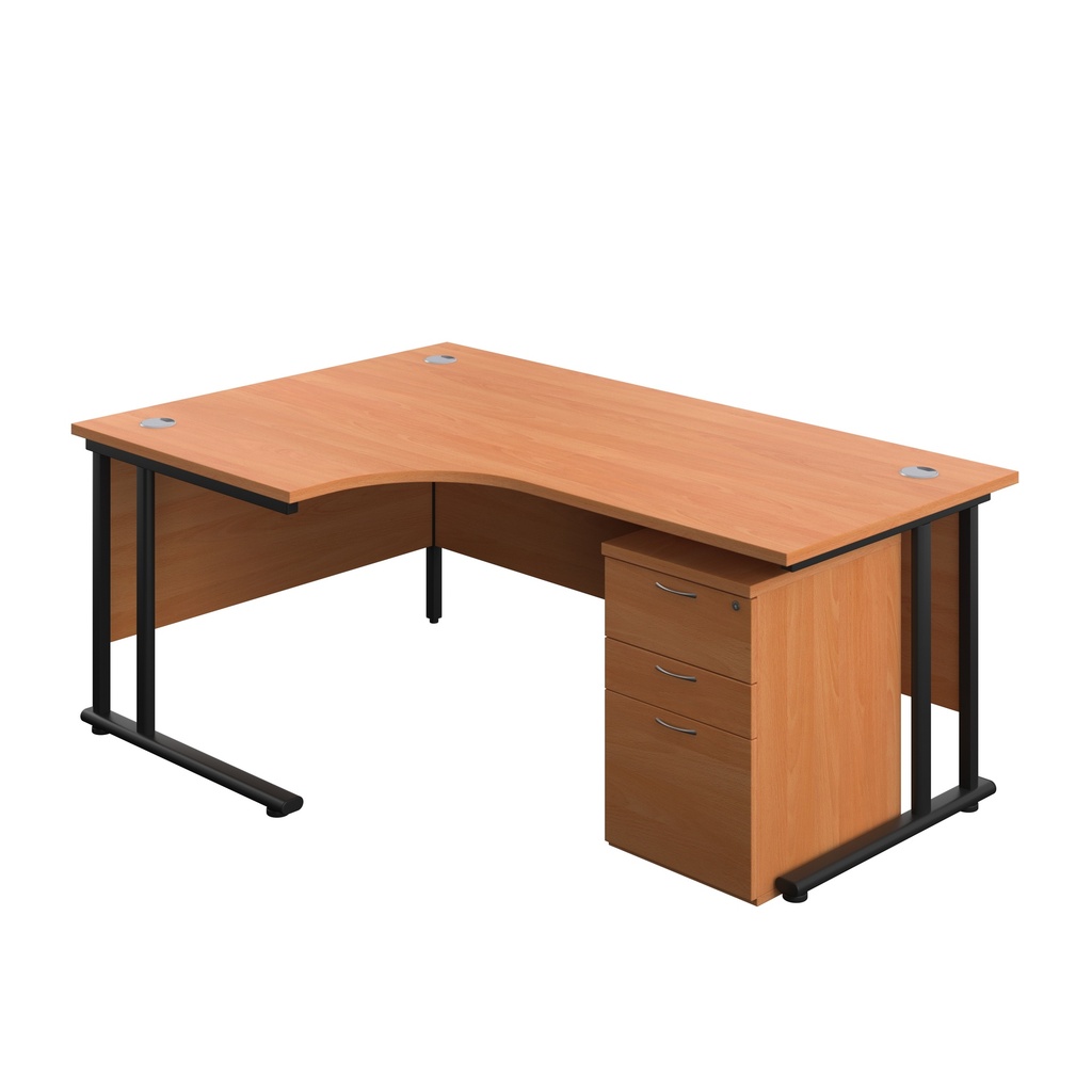 Twin Upright Left Hand Radial Desk + High Mobile Pedestal 3 Drawer (FSC) | 1800X1200 | Beech/Black | 