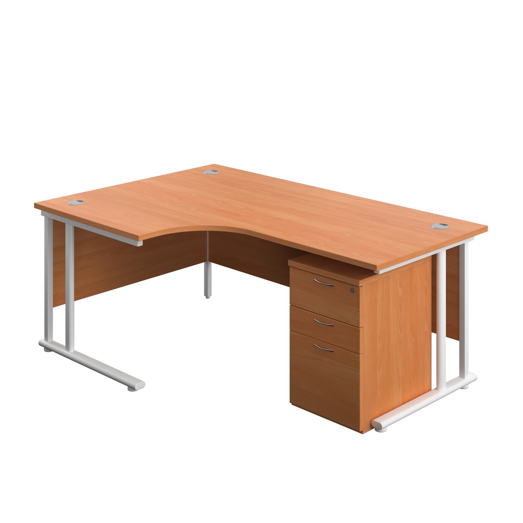 Twin Upright Left Hand Radial Desk + High Mobile Pedestal 3 Drawer (FSC) | 1800X1200 | Beech/White | 