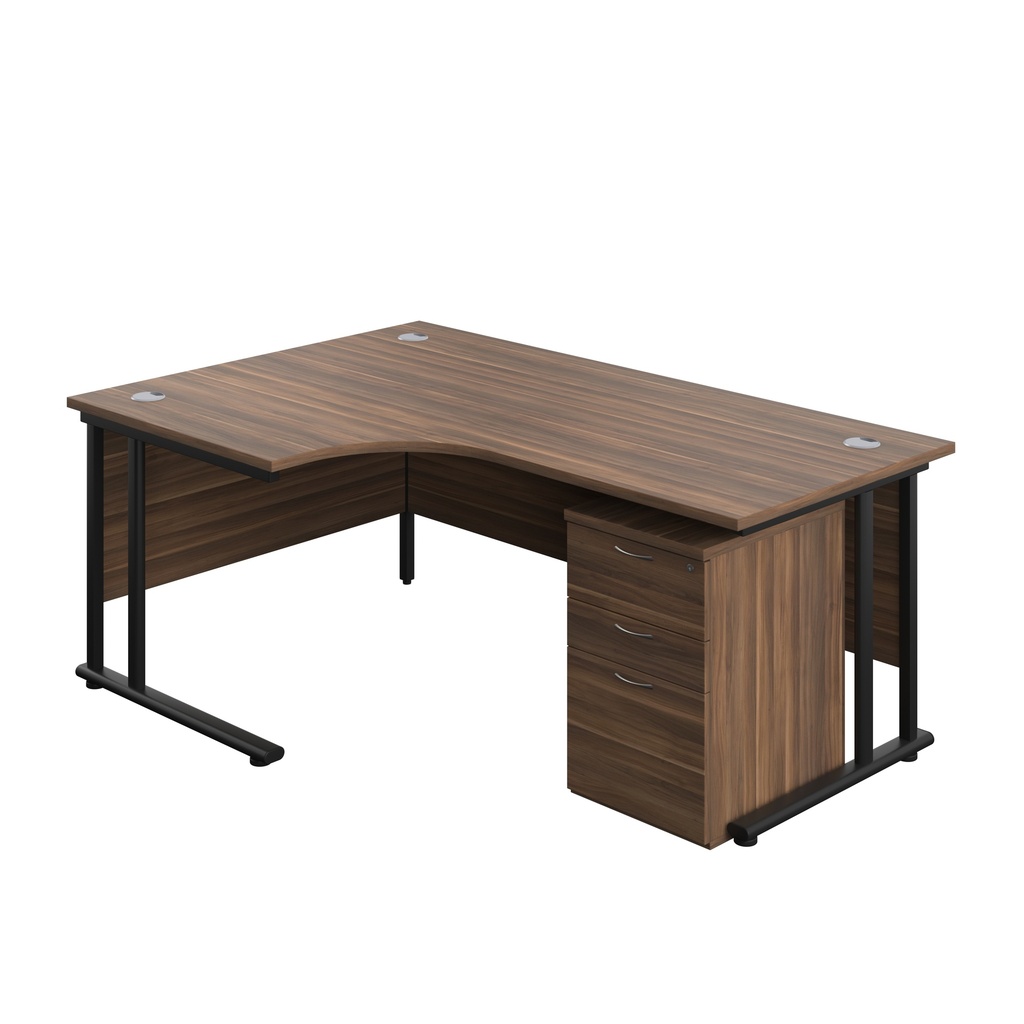 Twin Upright Left Hand Radial Desk + High Mobile Pedestal 3 Drawer (FSC) | 1800X1200 | Dark Walnut/Black | 