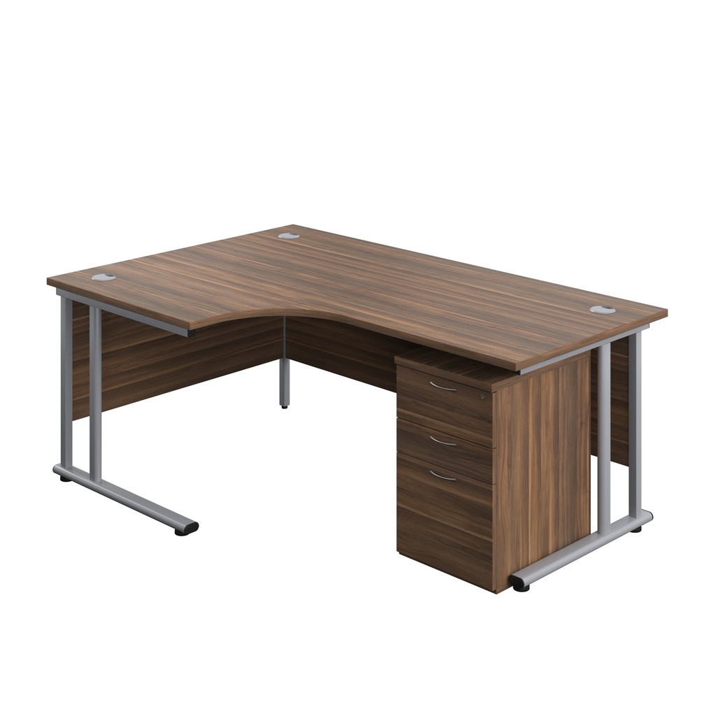 Twin Upright Left Hand Radial Desk + High Mobile Pedestal 3 Drawer (FSC) | 1800X1200 | Dark Walnut/Silver | 