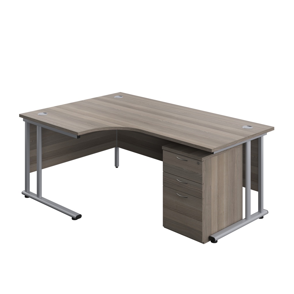 Twin Upright Left Hand Radial Desk + High Mobile Pedestal 3 Drawer (FSC) | 1800X1200 | Grey Oak/Silver | 