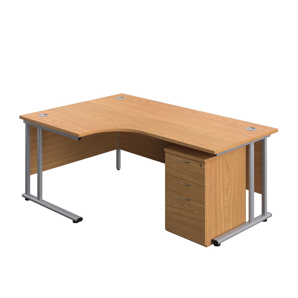 Twin Upright Left Hand Radial Desk + High Mobile Pedestal 3 Drawer (FSC) | 1800X1200 | Nova Oak/Silver | 
