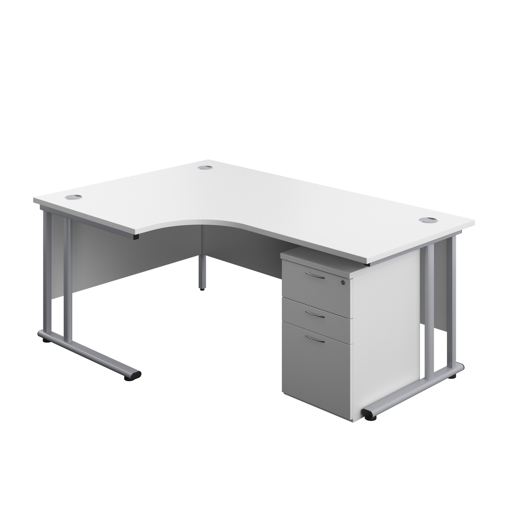 Twin Upright Left Hand Radial Desk + High Mobile Pedestal 3 Drawer (FSC) | 1800X1200 | White/Silver | 