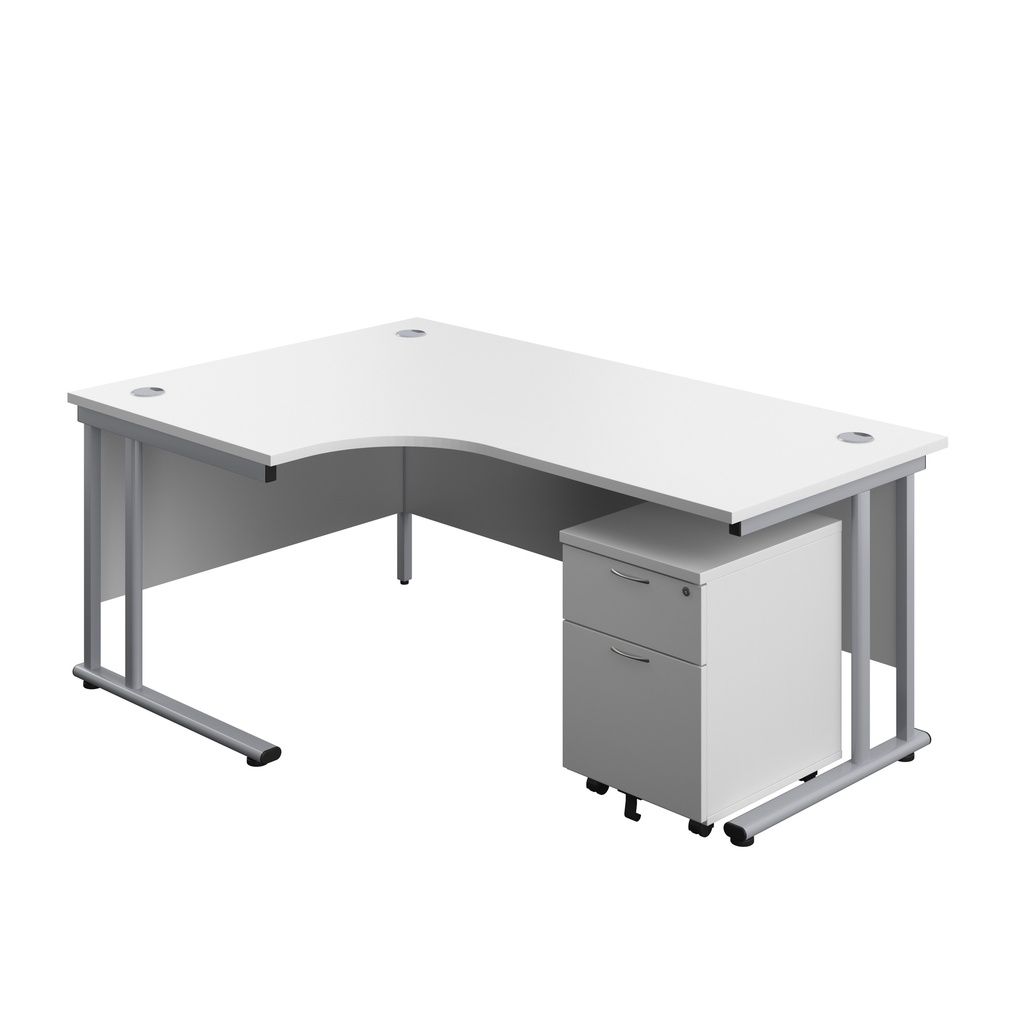 Twin Upright Left Hand Radial Desk + Mobile 2 Drawer Pedestal (FSC) | 1800X1200 | White/Silver | 