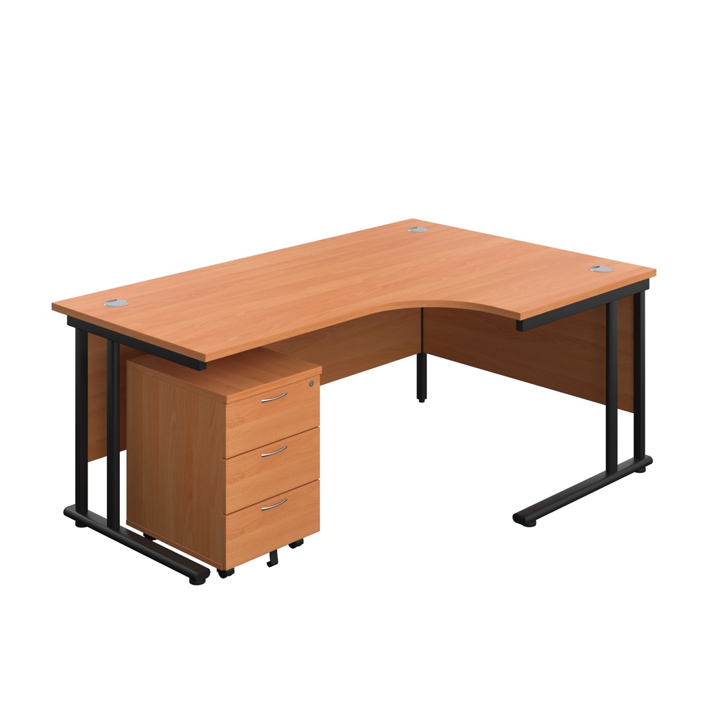 Twin Upright Right Hand Radial Desk + Mobile 3 Drawer Pedestal (FSC) | 1800X1200 | Beech/Black | 