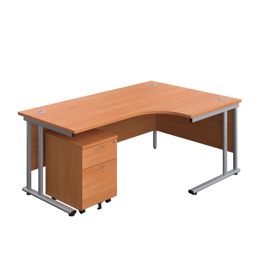 Twin Upright Right Hand Radial Desk + Mobile 2 Drawer Pedestal (FSC) | 1800X1200 | Beech/Silver | 