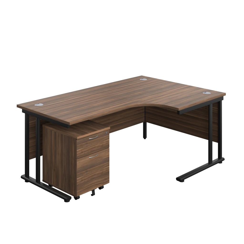 Twin Upright Right Hand Radial Desk + Mobile 2 Drawer Pedestal (FSC) | 1800X1200 | Dark Walnut/Black | 
