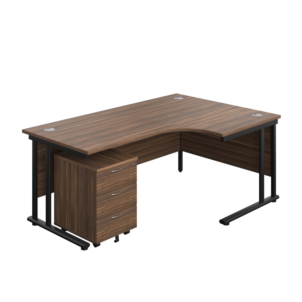 Twin Upright Right Hand Radial Desk + Mobile 3 Drawer Pedestal (FSC) | 1800X1200 | Dark Walnut/Black | 