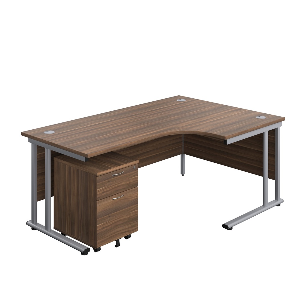 Twin Upright Right Hand Radial Desk + Mobile 2 Drawer Pedestal (FSC) | 1800X1200 | Dark Walnut/Silver | 